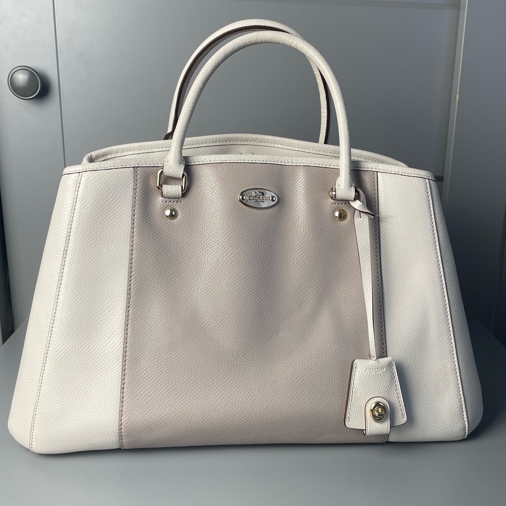 Coach Margot F37248 Colorblock Taupe Ivory Leather Carryall Shoulder Bag